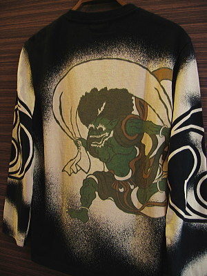 和柄 長袖Tシャツ 風神雷神の柄